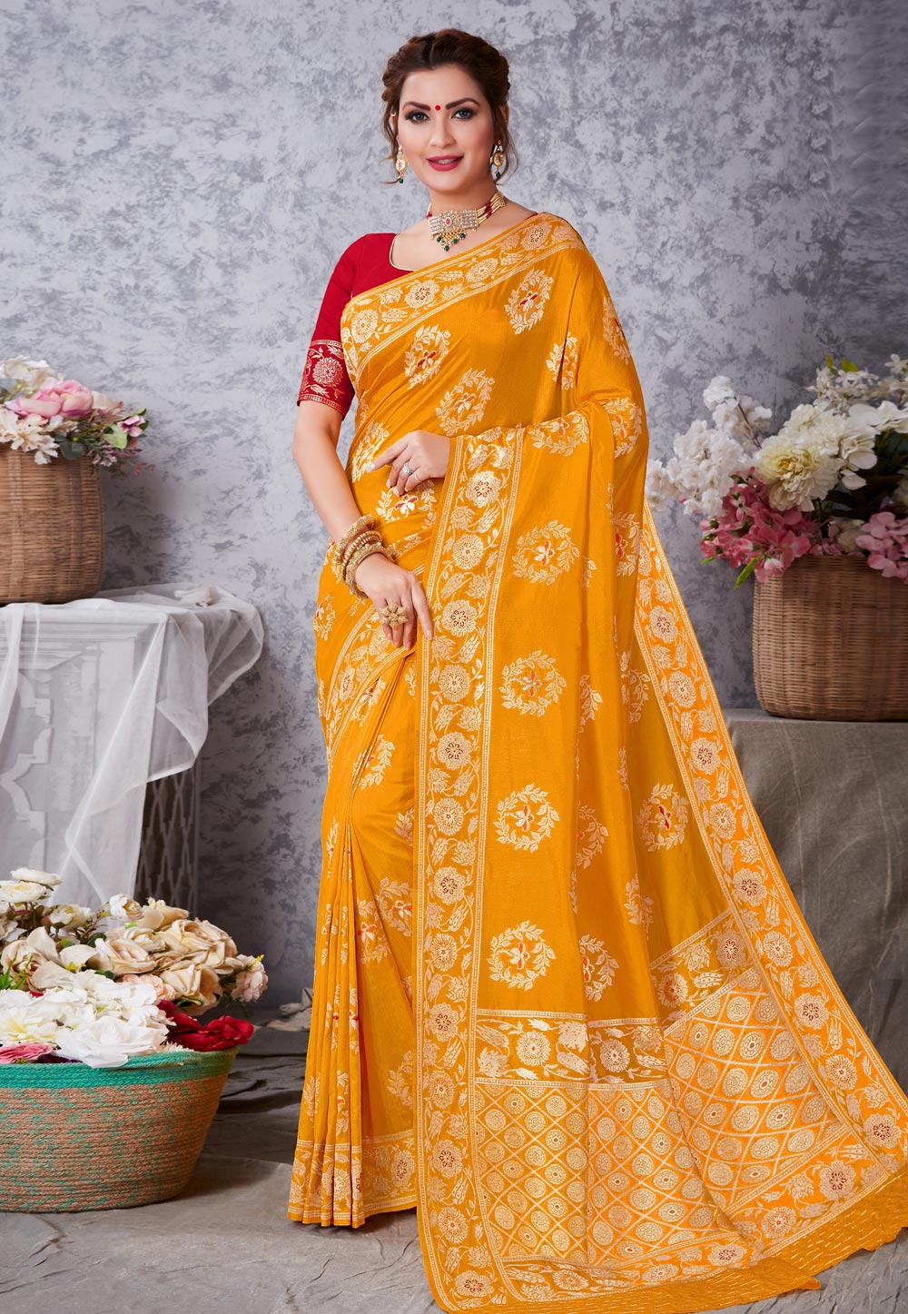 Yellow Art Silk Saree With Blouse 219098