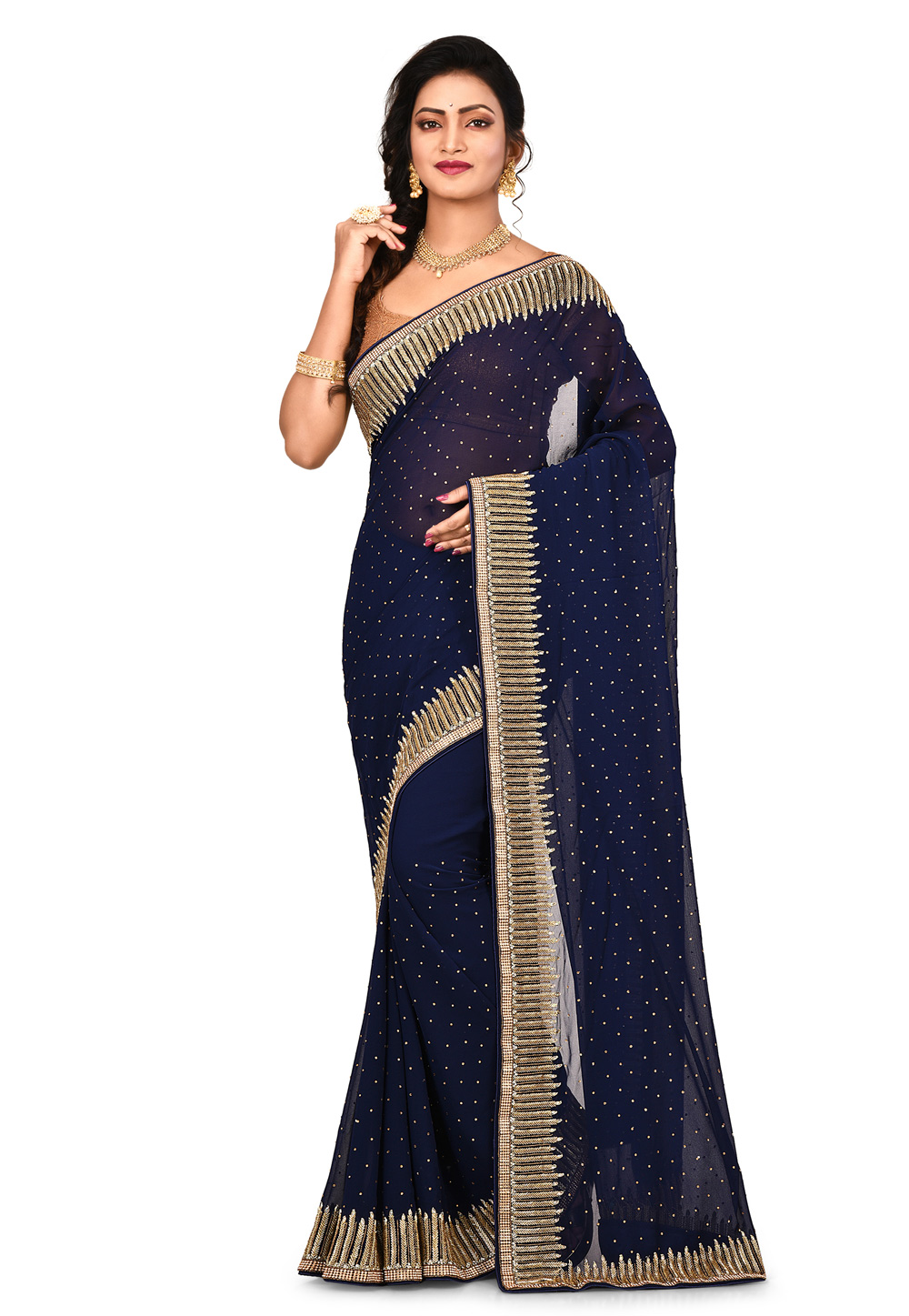 Navy Blue Georgette Hand Work Saree With Blouse 195425