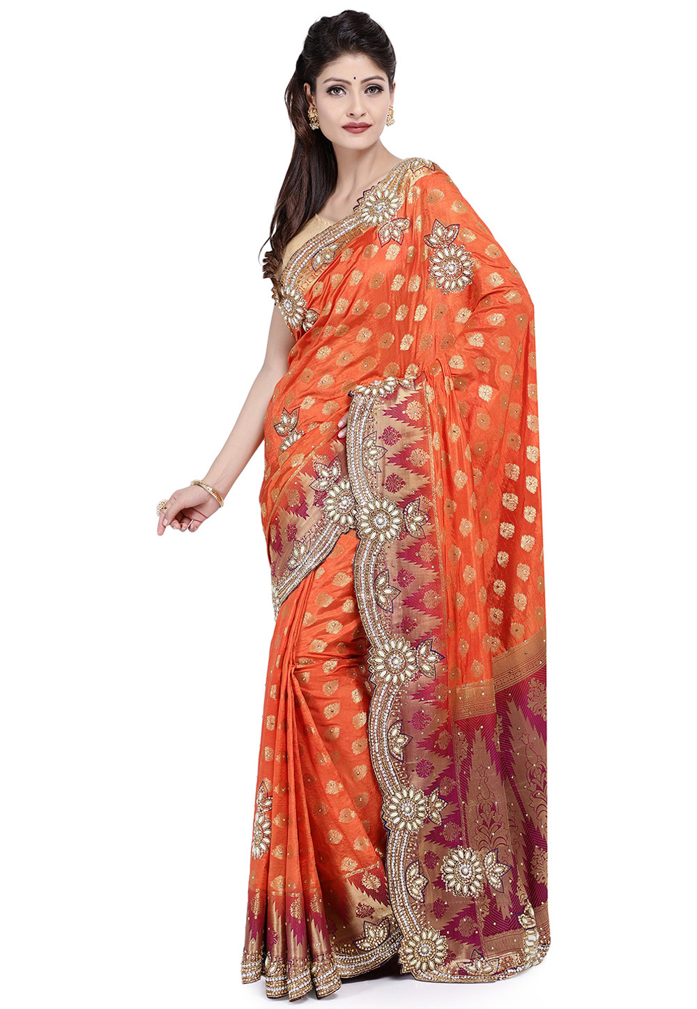 Orange Kanjivaram Silk Hand Work Festival Wear Saree 195442