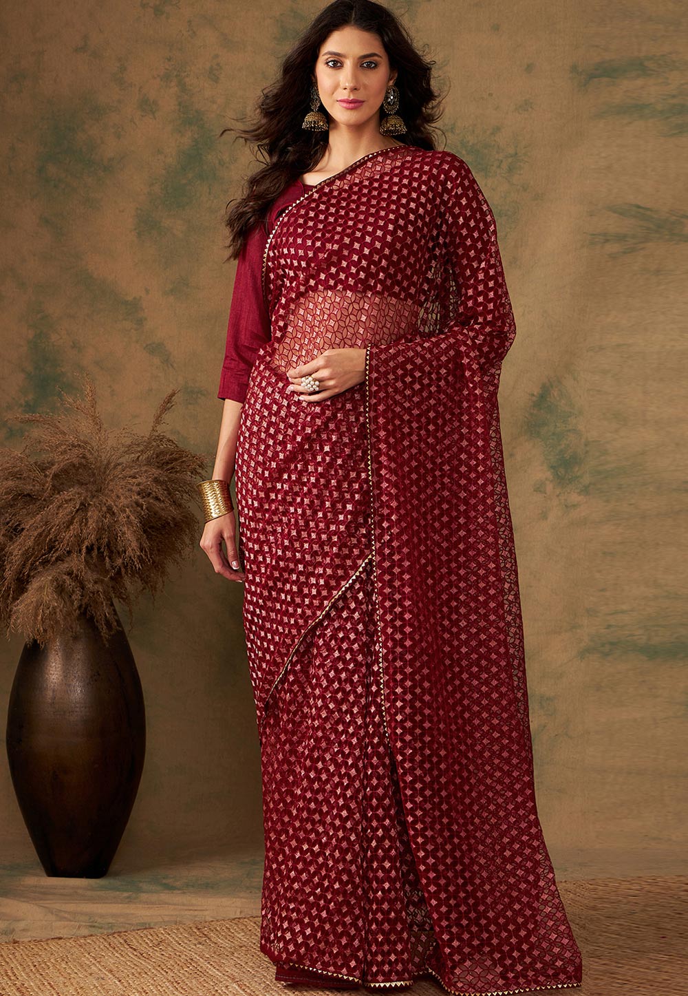 Maroon Net Saree With Blouse 270258