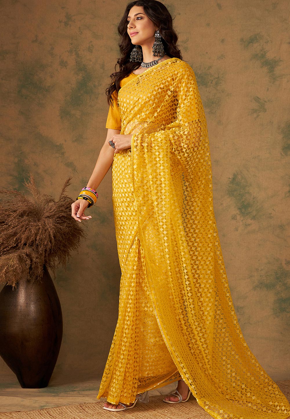 Yellow Net Saree With Blouse 270261