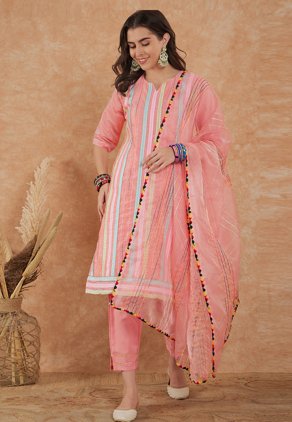 Pink Chanderi Cotton Readymade Pant Style Suit 271012