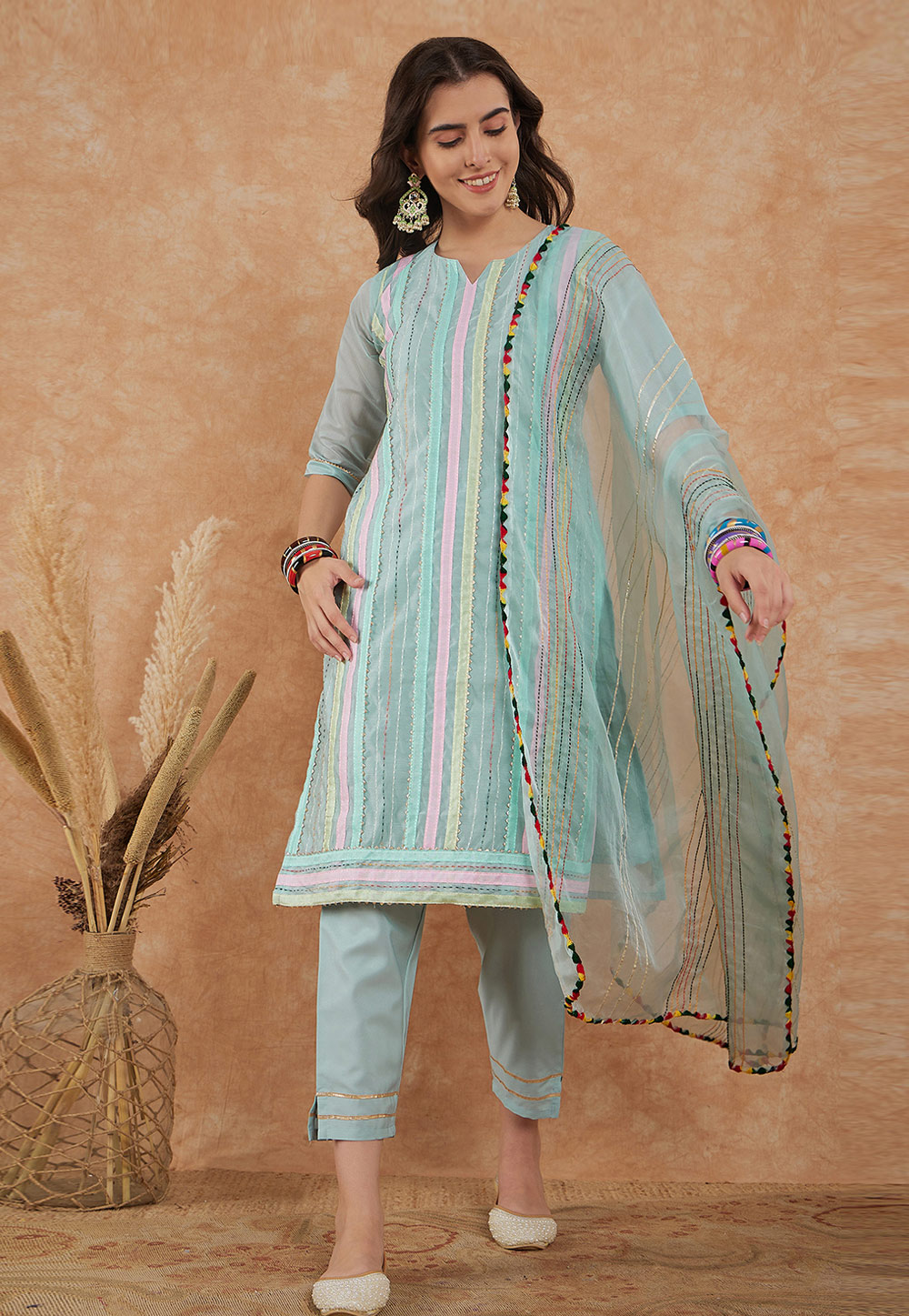 Sky Blue Chanderi Cotton Readymade Pakistani Suit 271013
