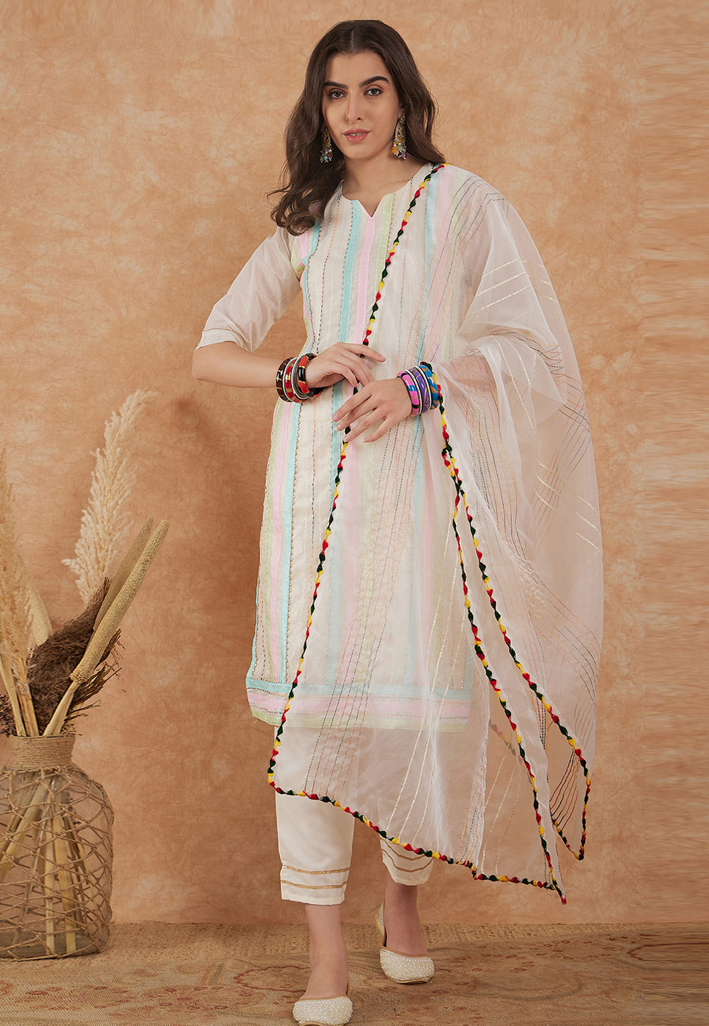 Off White Chanderi Cotton Readymade Pant Style Suit 271014