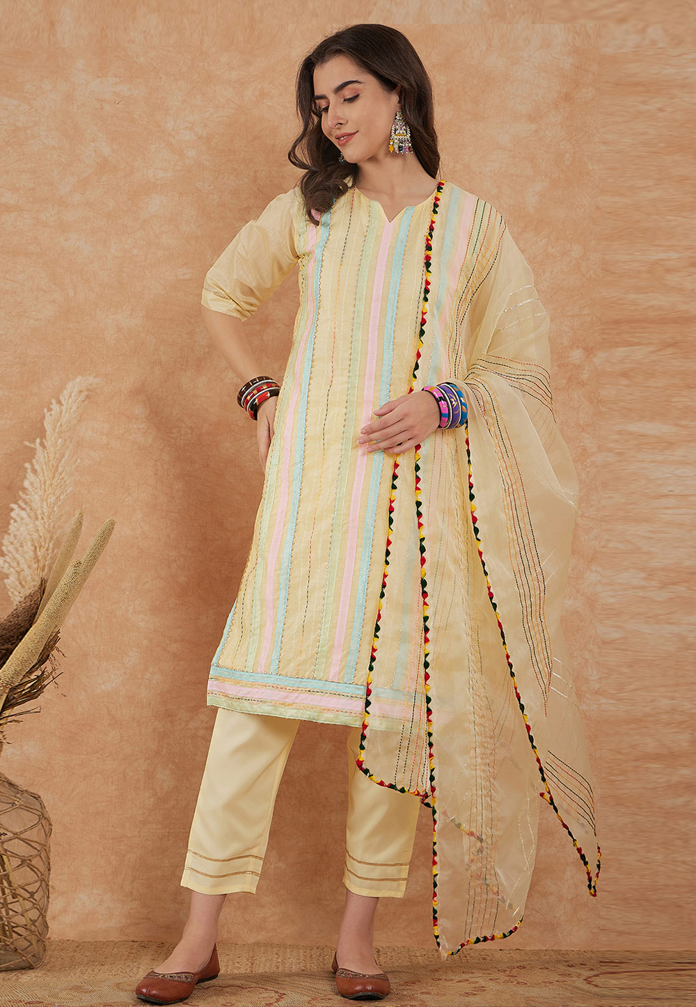 Light Yellow Chanderi Cotton Readymade Pakistani Suit 271015