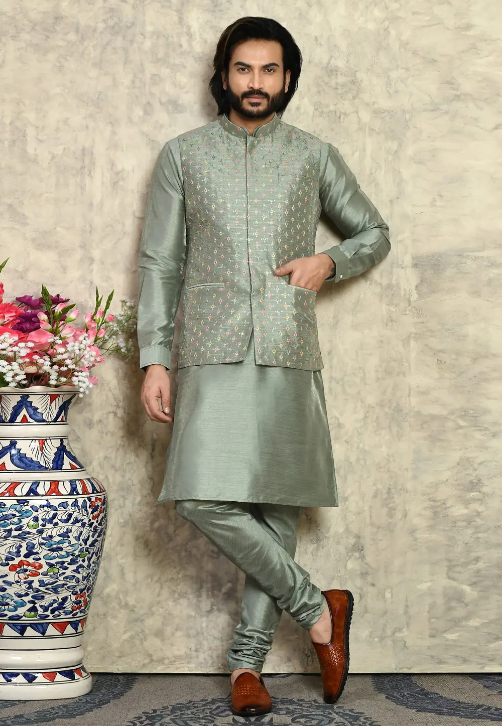 Camo Green Art Silk Kurta Pajama With Jacket 295436