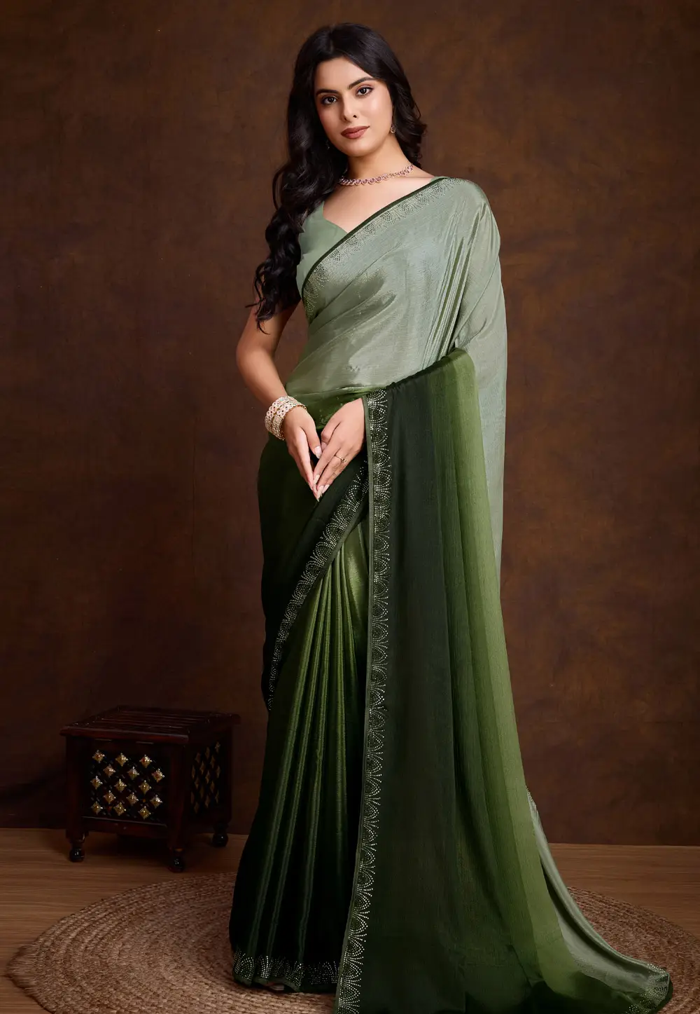 Camo Green Chinon Half N Half Saree 295334