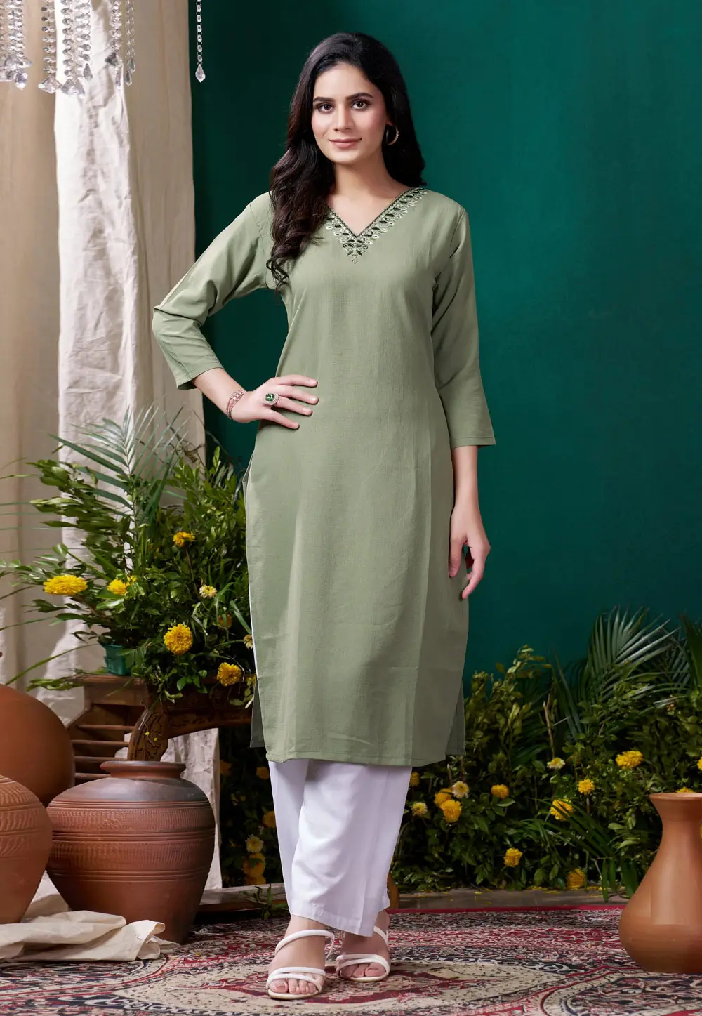 Camo Green Cotton Kurta Set With Pent 295466