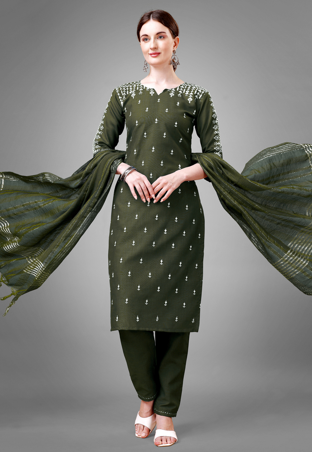 Camo Green Cotton Readymade Pakistani Suit 279245