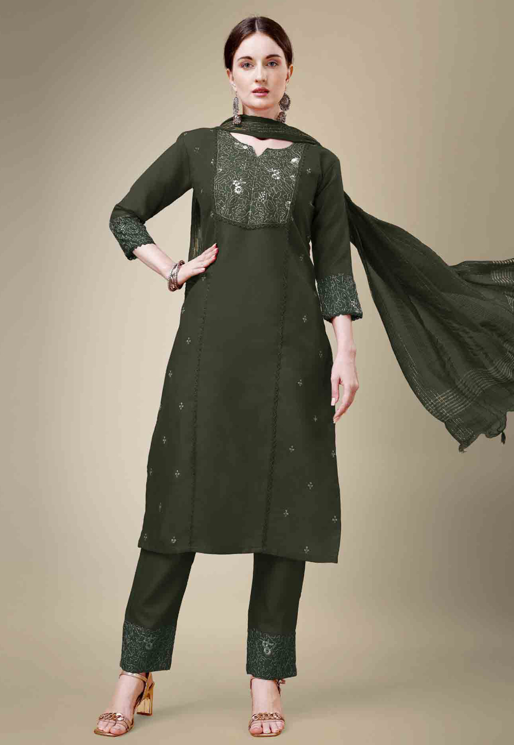 Camo Green Cotton Readymade Pakistani Suit 280835