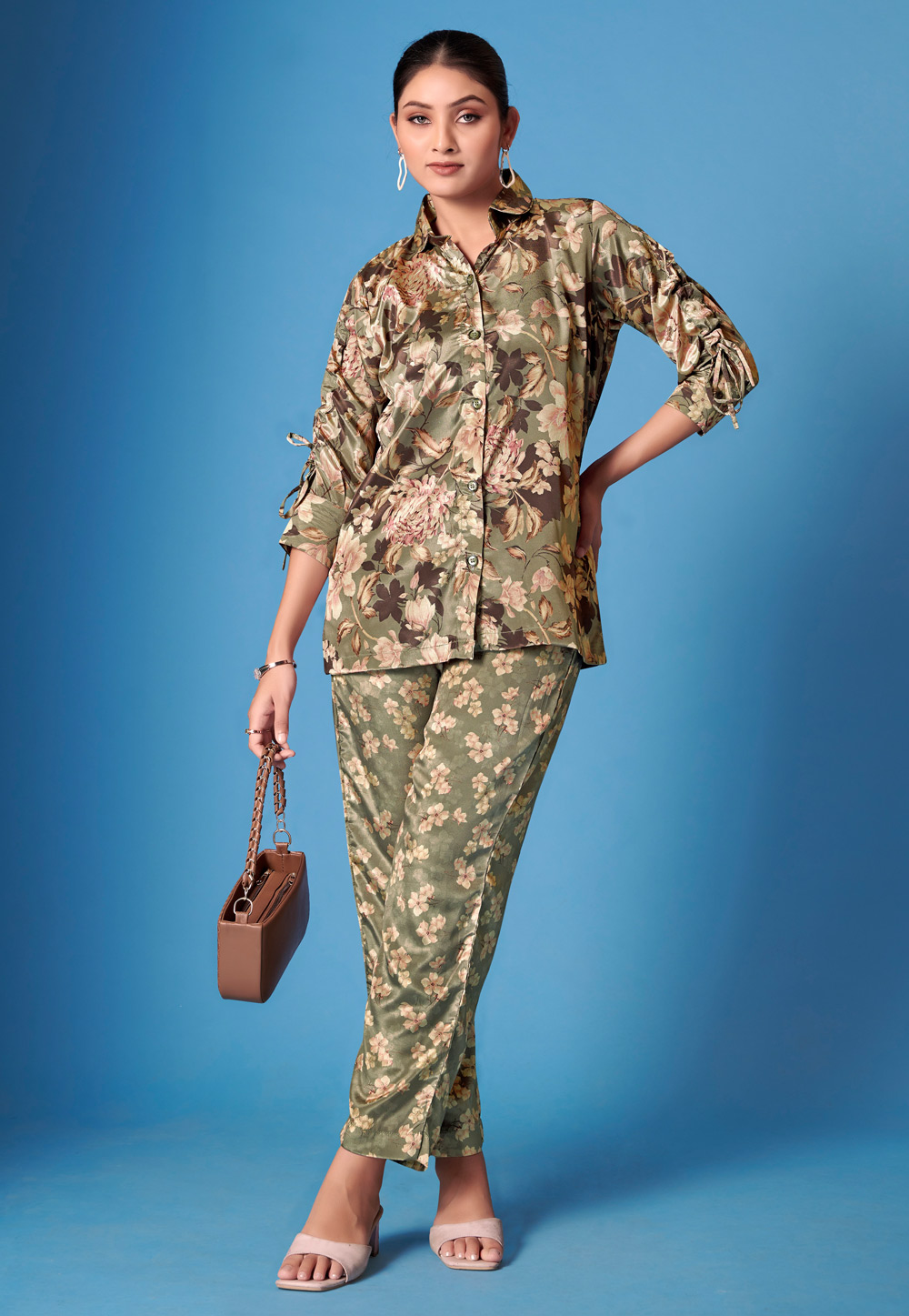 Camo Green Crepe Silk Printed Co-Ords Set 305366