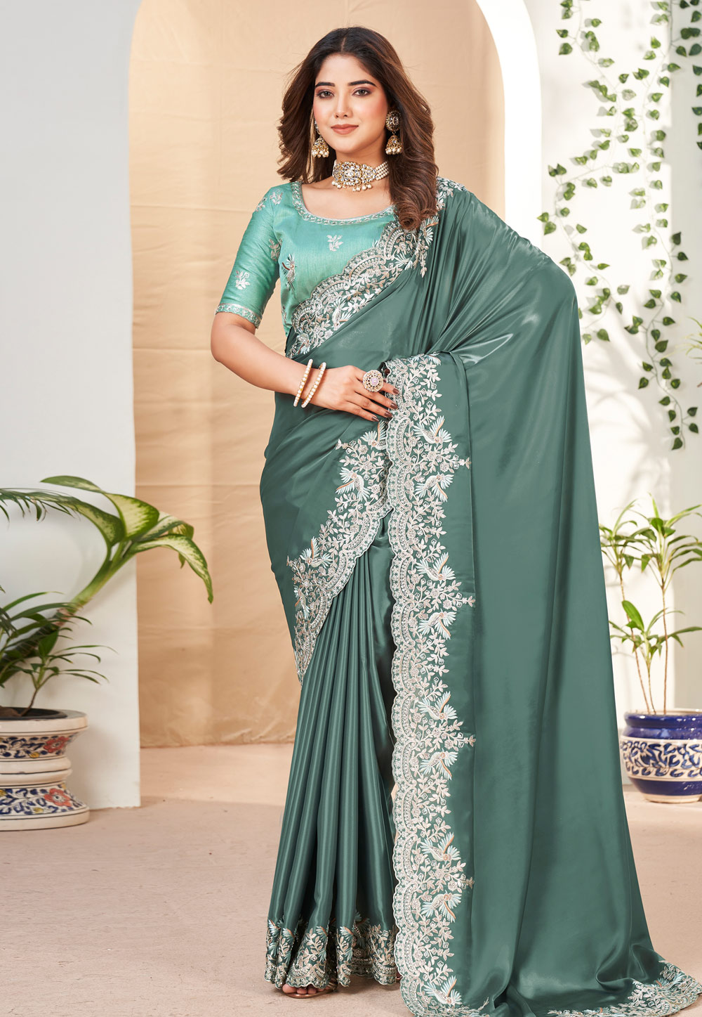 Camo Green Georgette Saree With Blouse 283613
