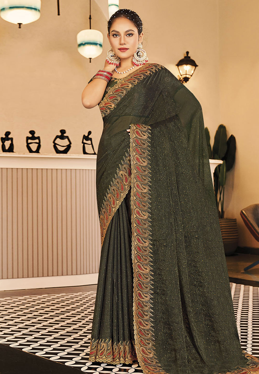Camo Green Shimmer Saree With Blouse 279569