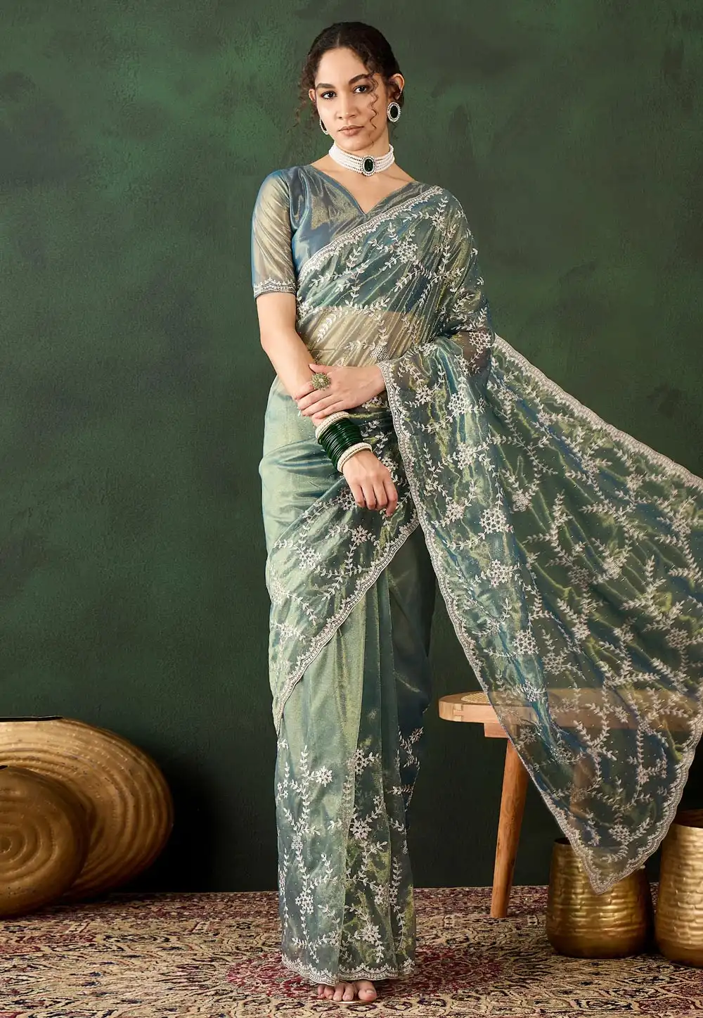 Camo Green Shimmer Saree With Blouse 294362