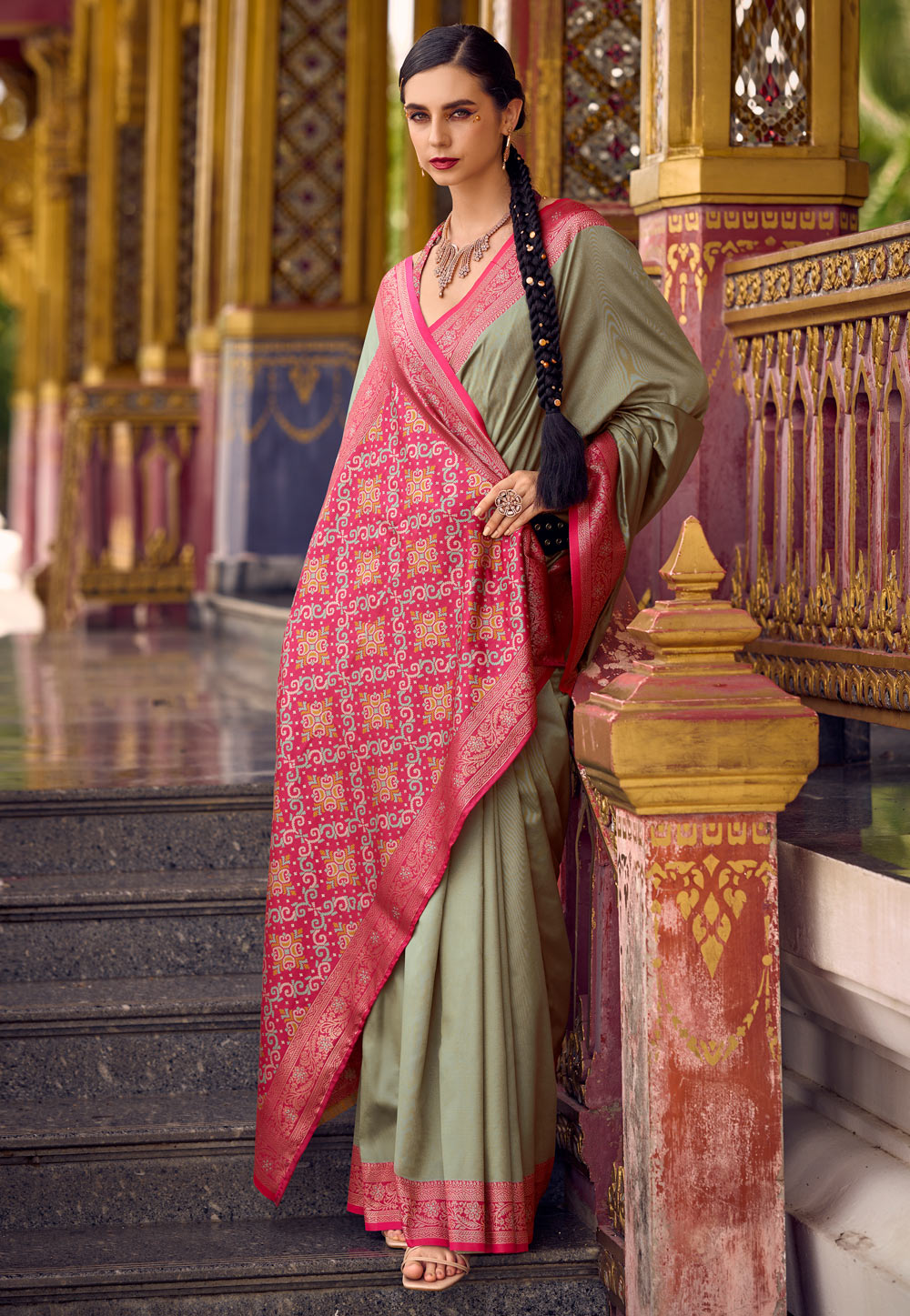 Camo Green Silk Saree With Blouse 311016