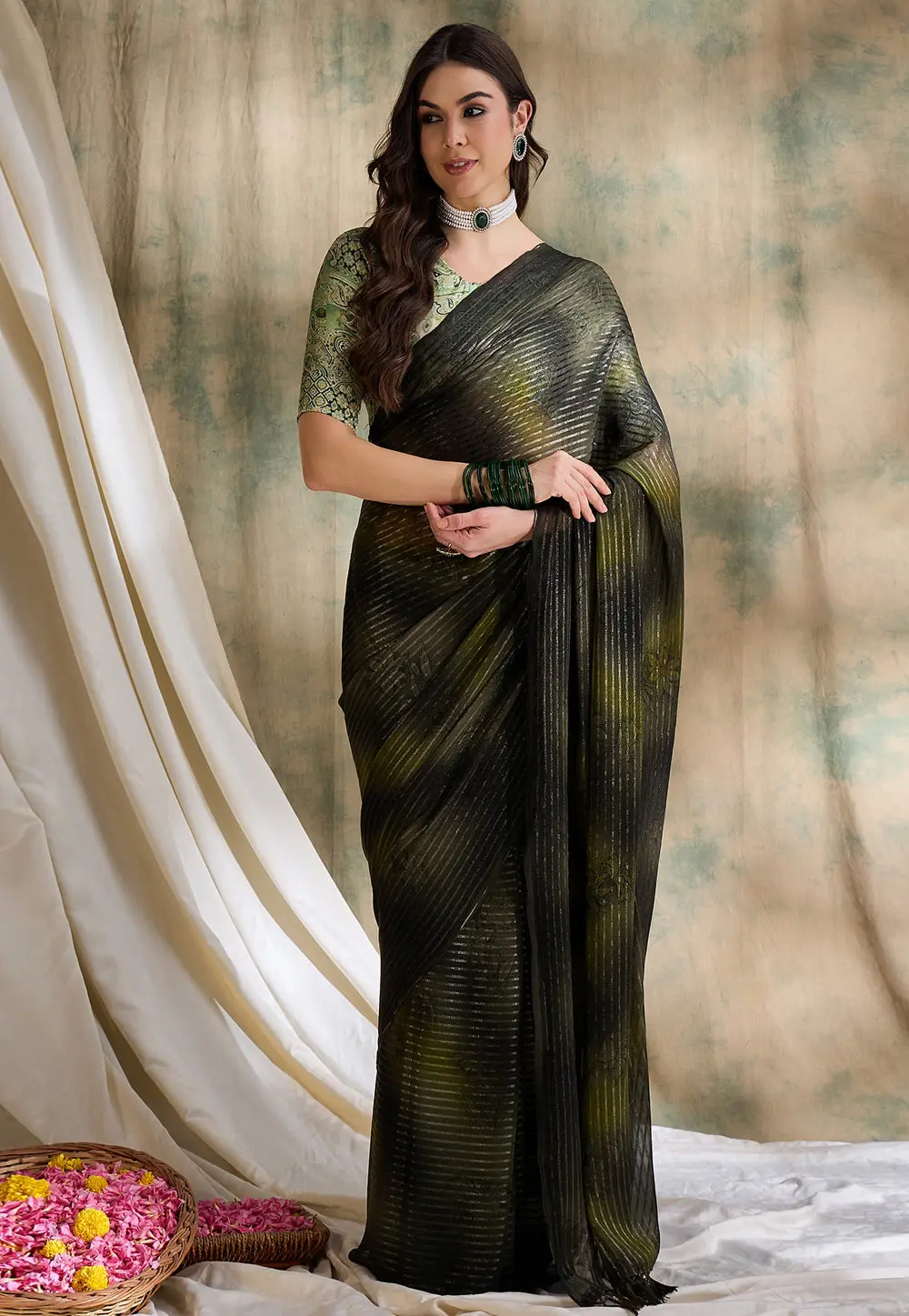 Camo Green Silk Saree With Blouse 301542