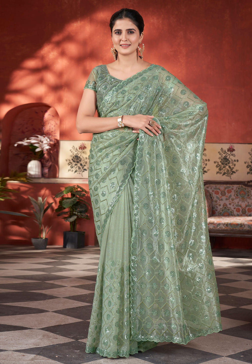 Camo Green Tissue Saree With Blouse 309841