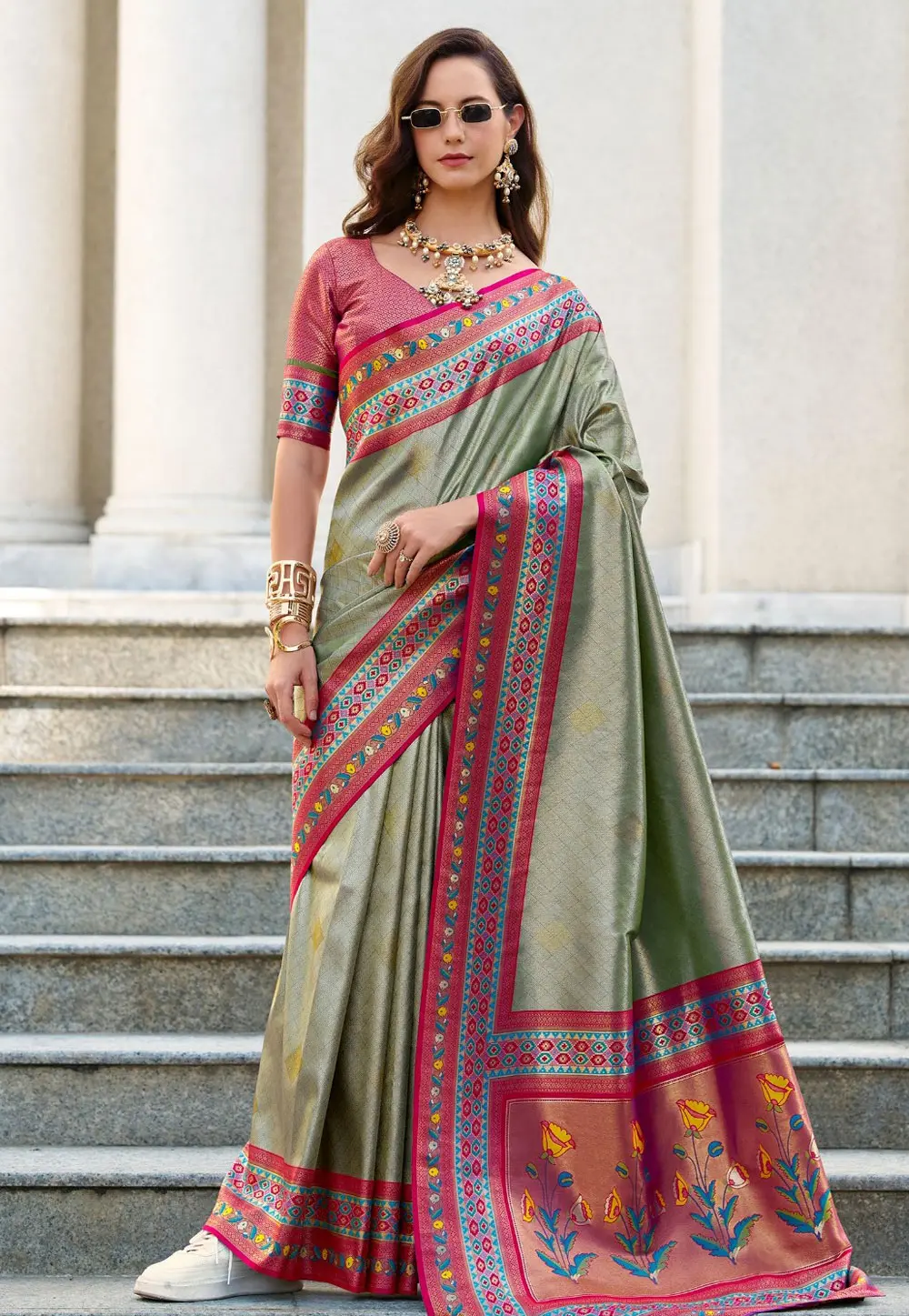 Camo Green Tissue Silk Saree With Blouse 304559