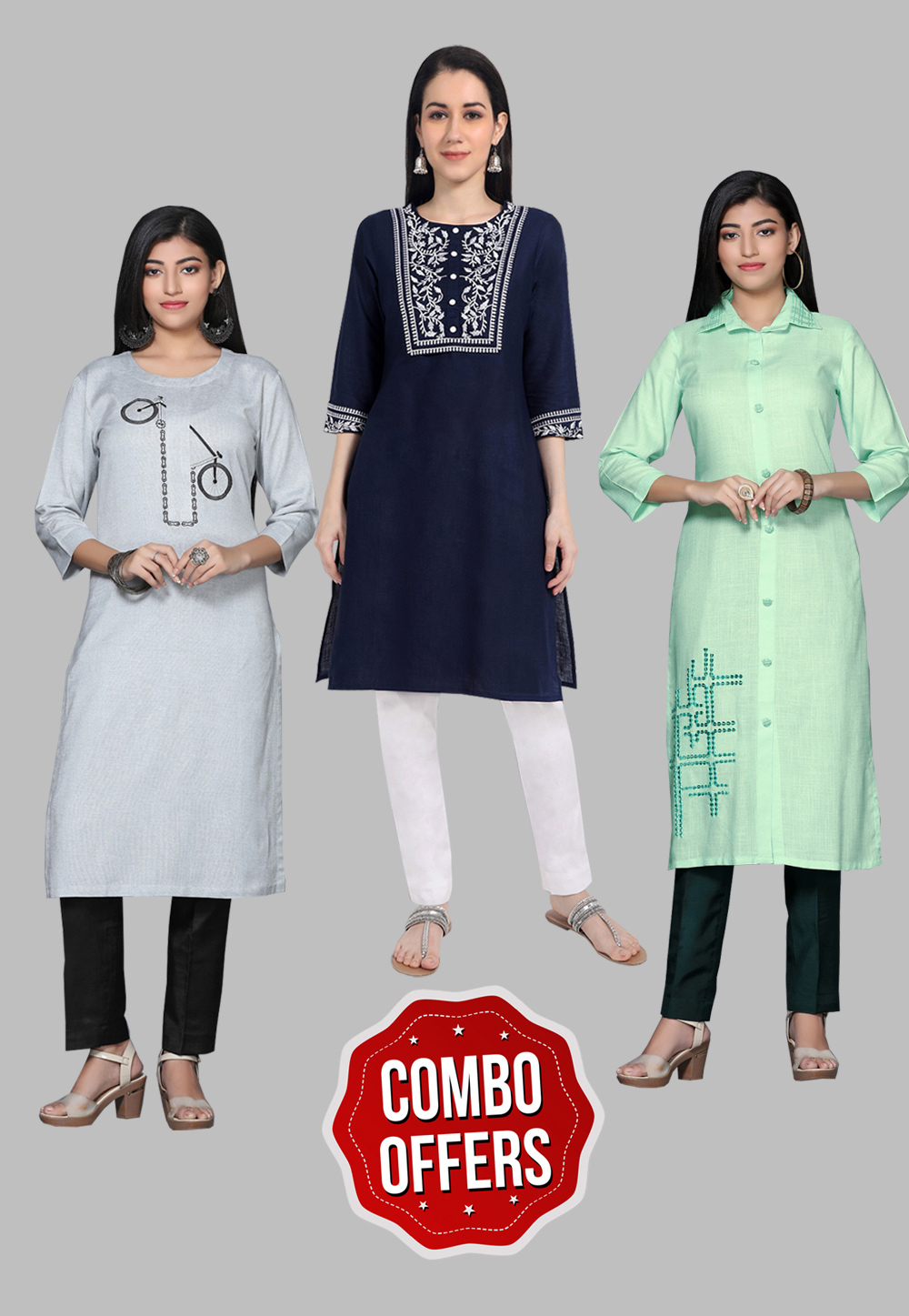 Mirraw Classiques Embroidered Green Regular And Black Printed Crepe Cotton  Stitched Kurti ( Pack of 2 ) - Classiques - 3383724