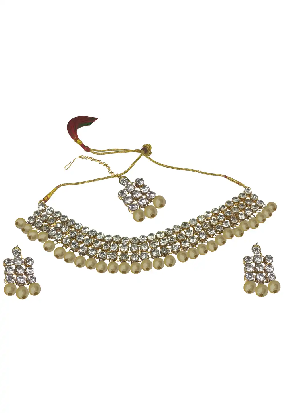 Cream Alloy Austrian Diamonds and Kundan Necklace Set With Earrings and Maang Tikka 289943