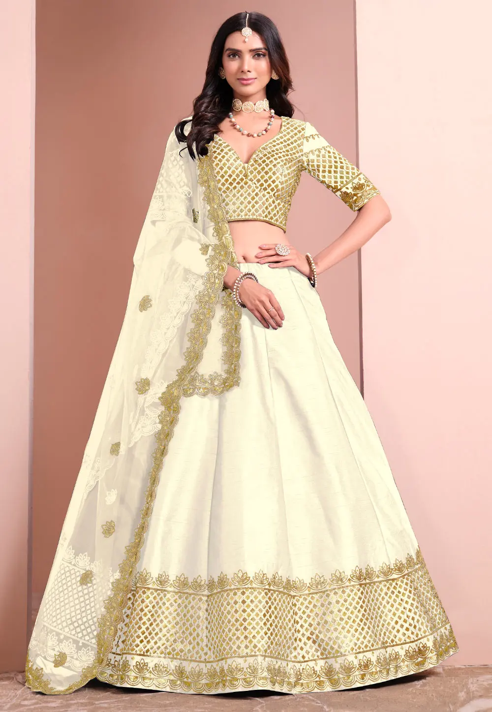 Cream Art Silk A Line Lehenga Choli 304233