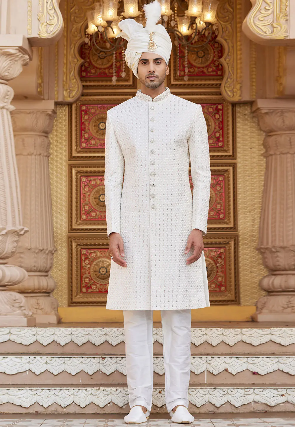 Cream Art Silk Achkan Style Sherwani 304324