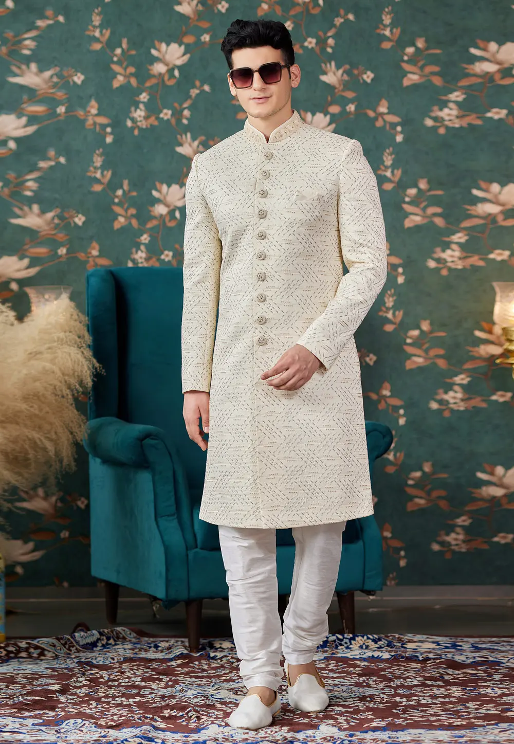 Cream Art Silk Achkan Style Sherwani 299203