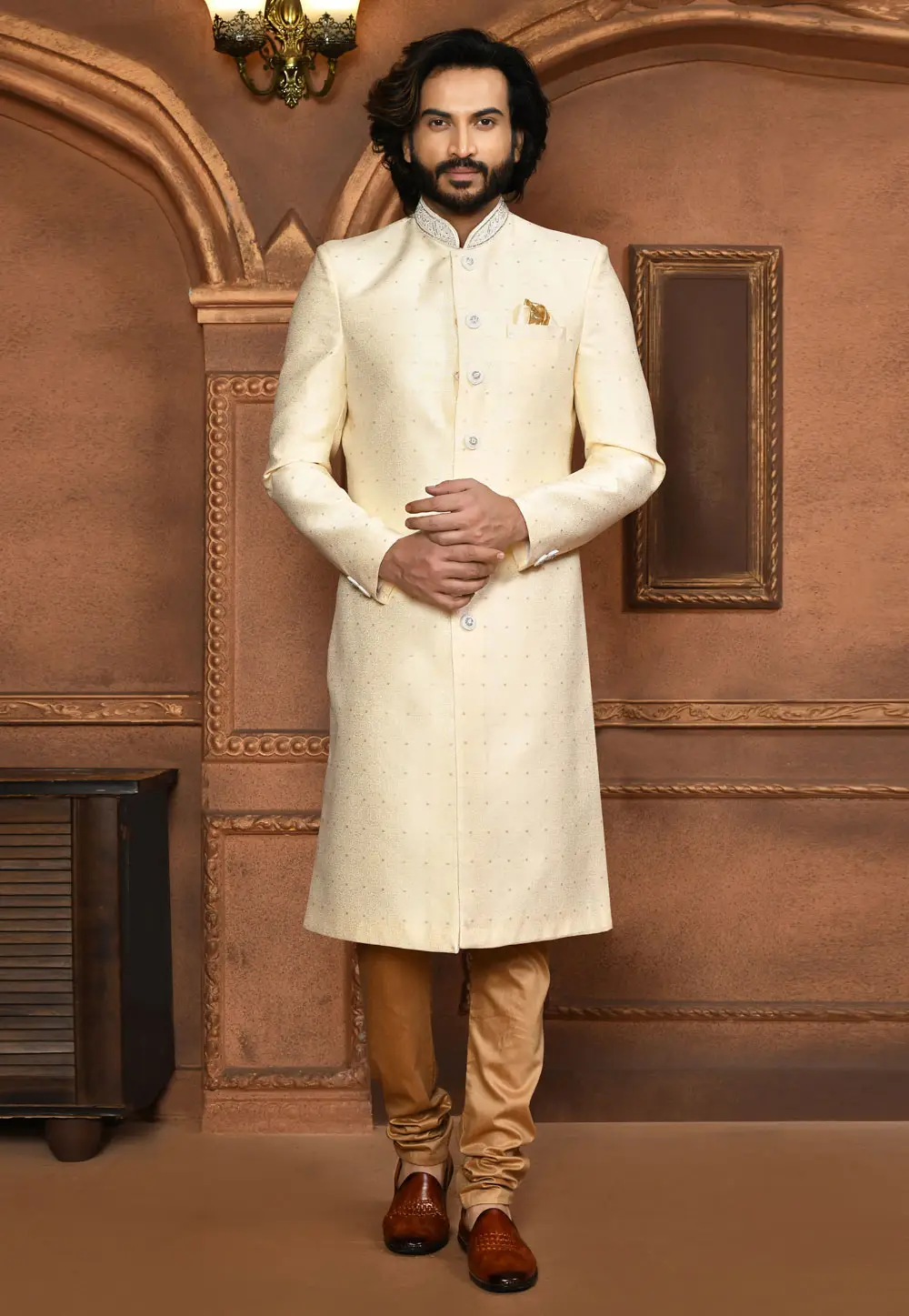 Cream Art Silk Achkan Style Sherwani 295451