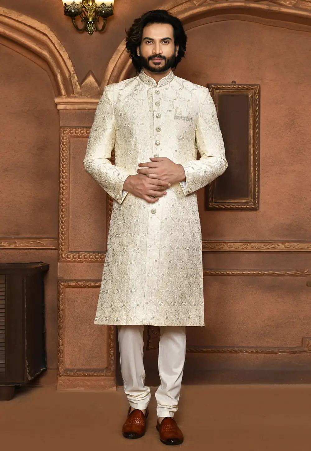 Cream Art Silk Achkan Style Sherwani 295455