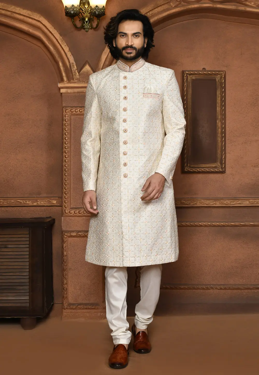 Cream Art Silk Achkan Style Sherwani 295456