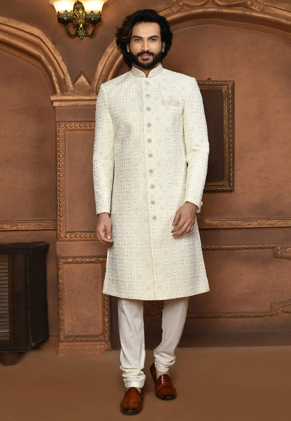 Cream Art Silk Achkan Style Sherwani 295458