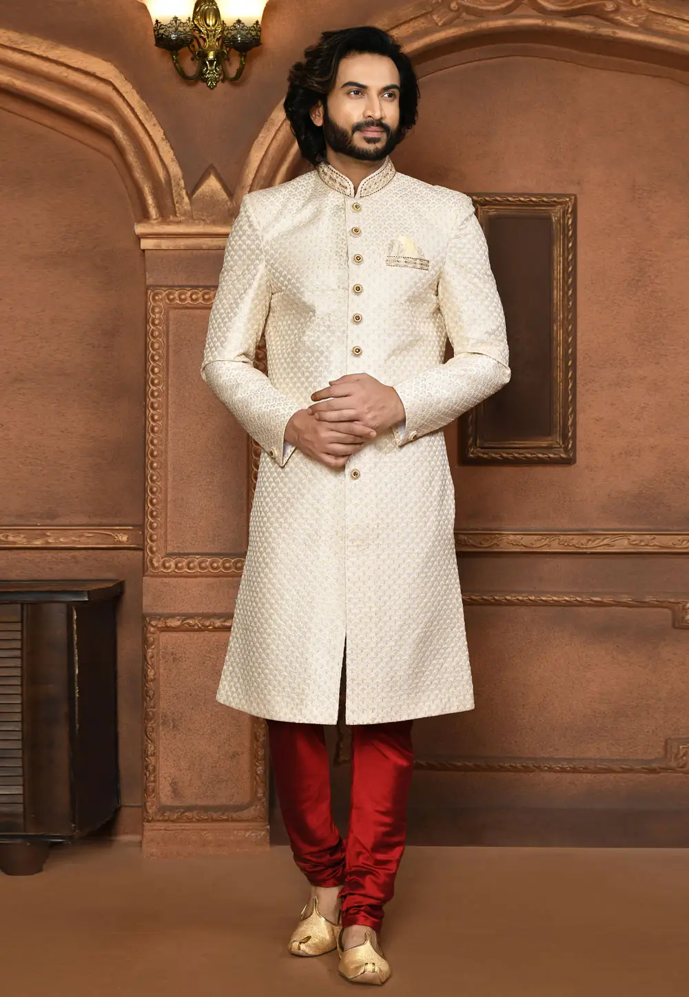 Cream Art Silk Achkan Style Sherwani 295462