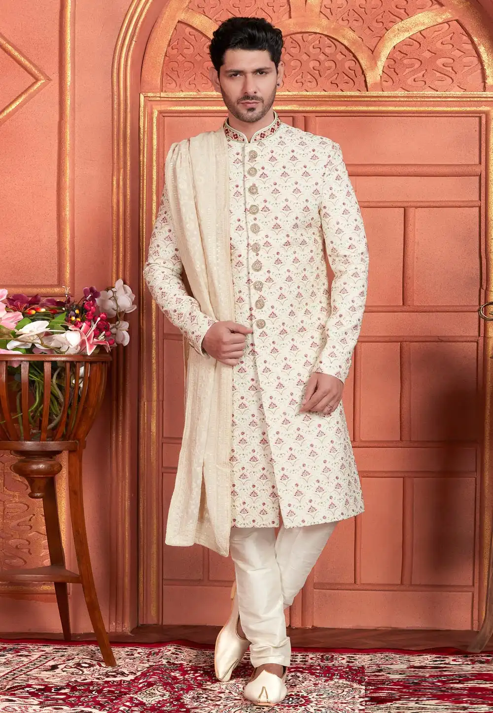 Cream Art Silk Achkan Style Sherwani With Stole 291299