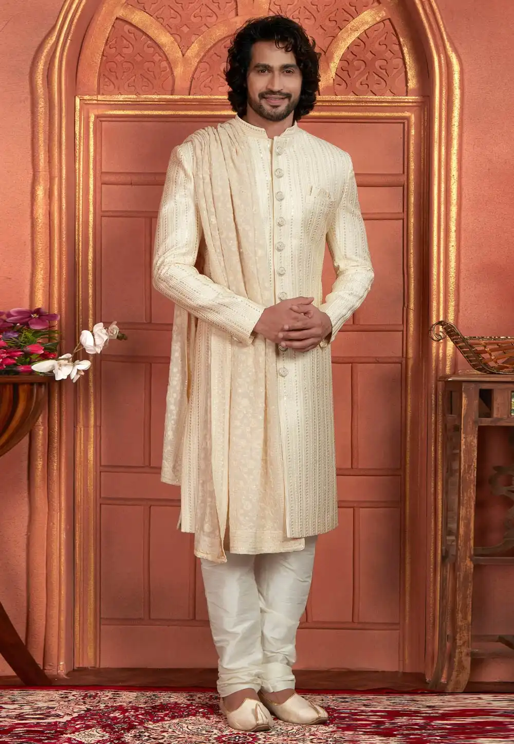 Cream Art Silk Achkan Style Sherwani With Stole 291302