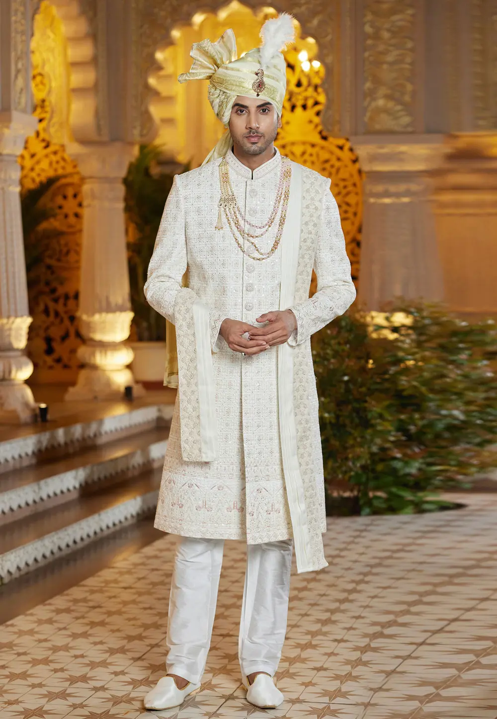 Cream Art Silk Achkan Style Sherwani With Stole 304329