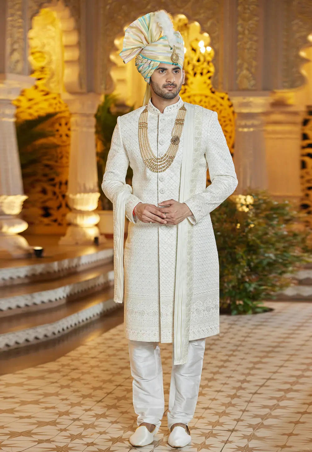 Cream Art Silk Achkan Style Sherwani With Stole 304330