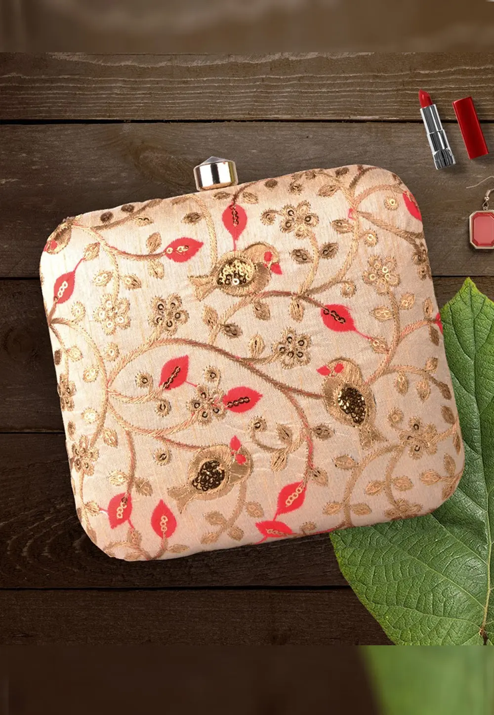 Cream Art Silk Clutch 300425