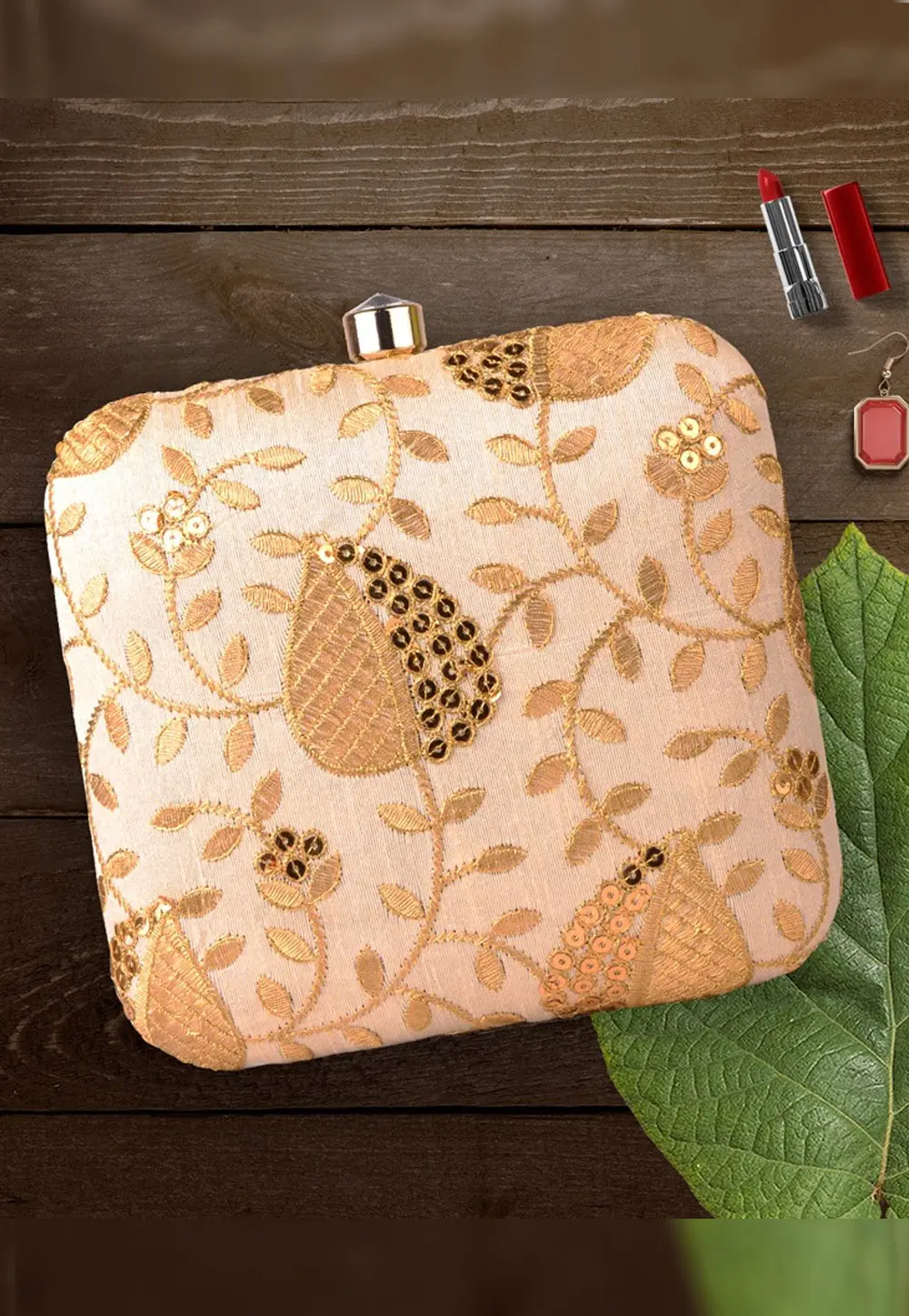 Cream Art Silk Clutch 300429