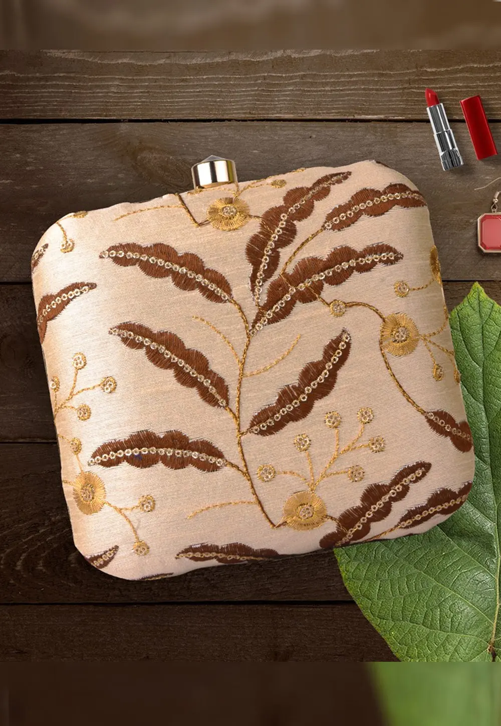 Cream Art Silk Clutch 300434