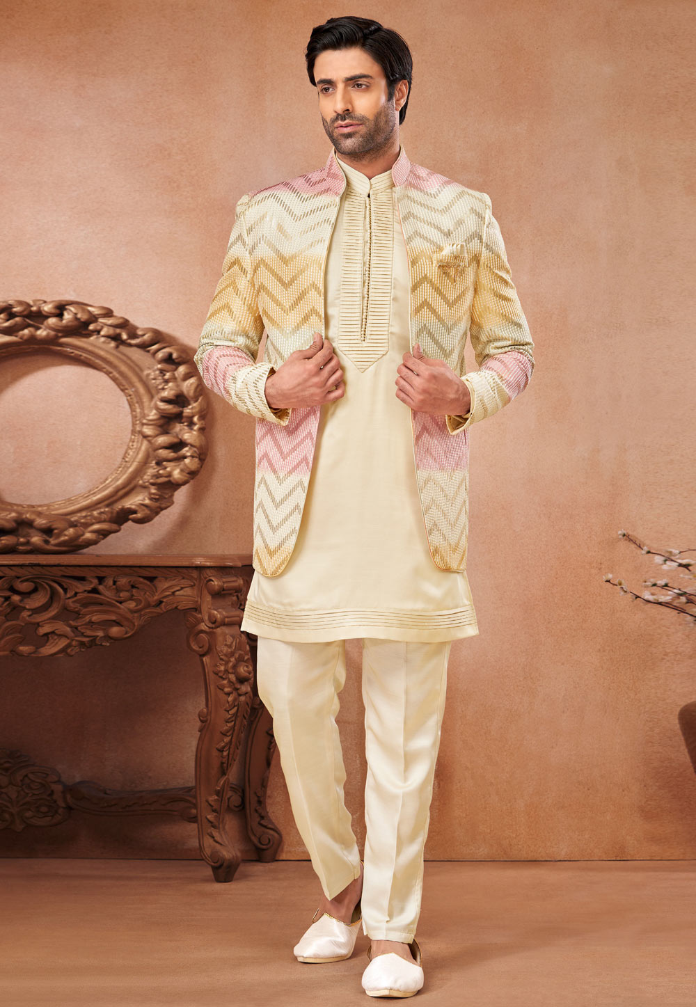 Cream Art Silk Indo Western Suit 280279