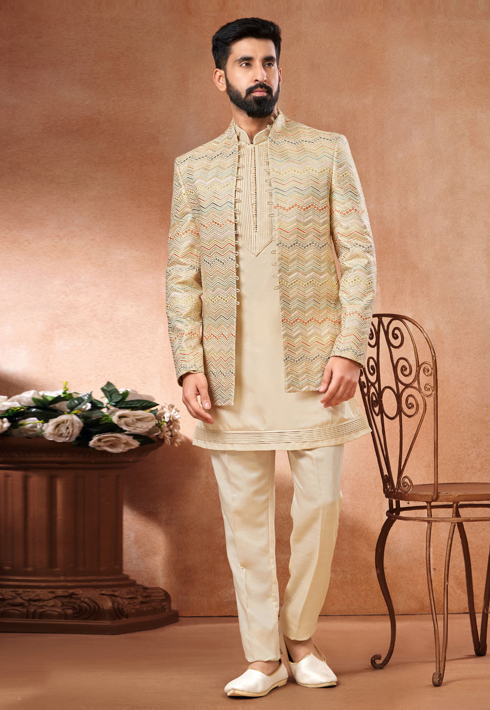 Cream Art Silk Indo Western Suit 280282
