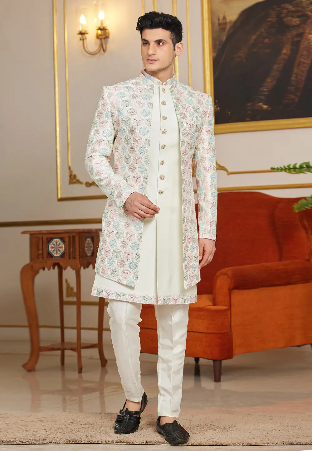 Cream Art Silk Jacket Style Sherwani 302203