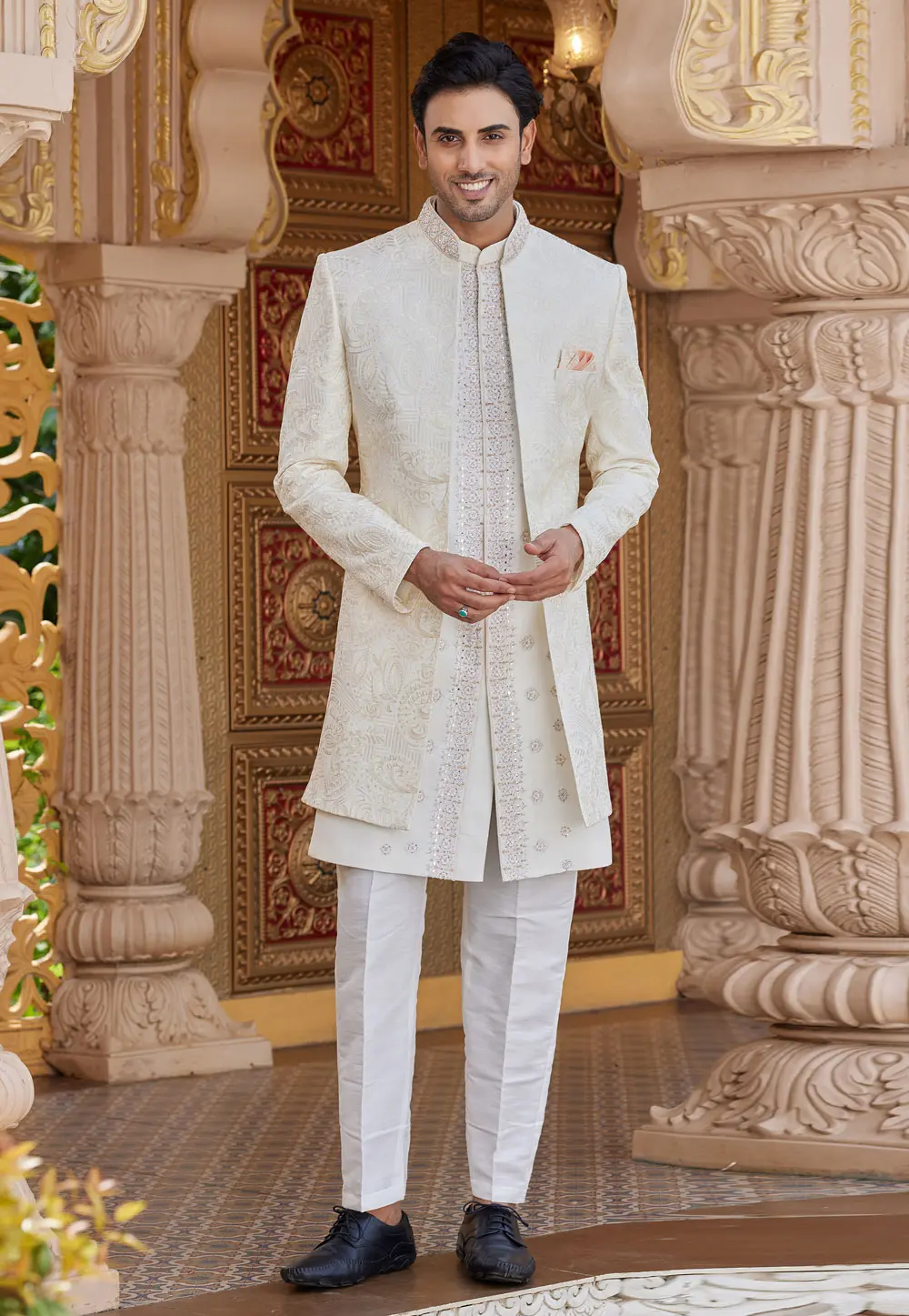 Cream Art Silk Jacket Style Sherwani 304344