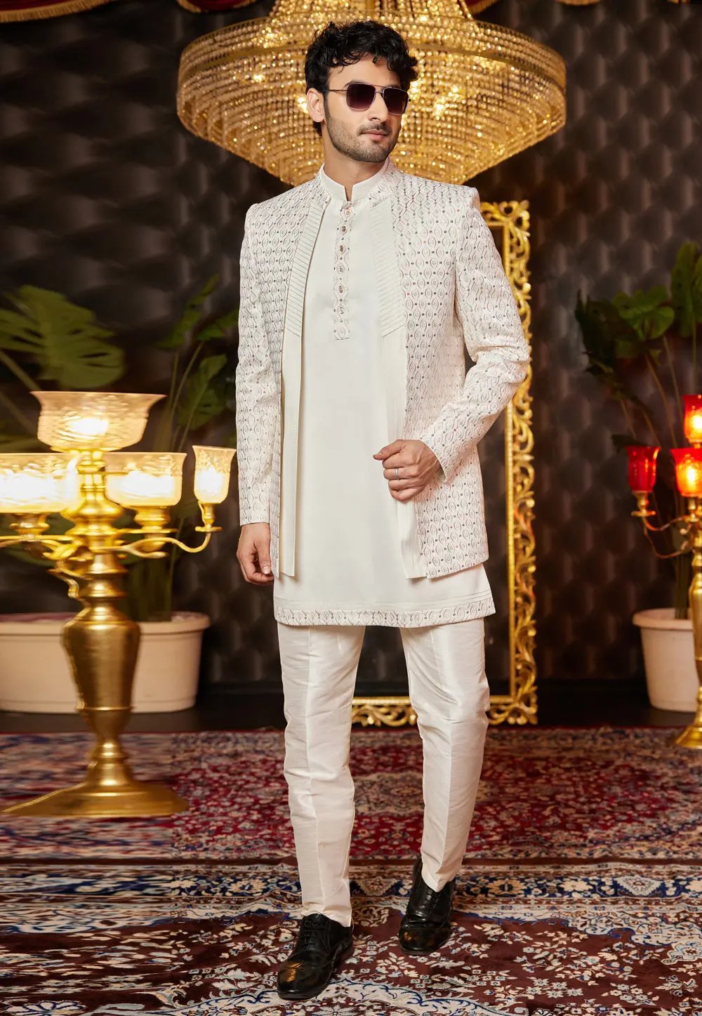 Cream Art Silk Jacket Style Sherwani 299184