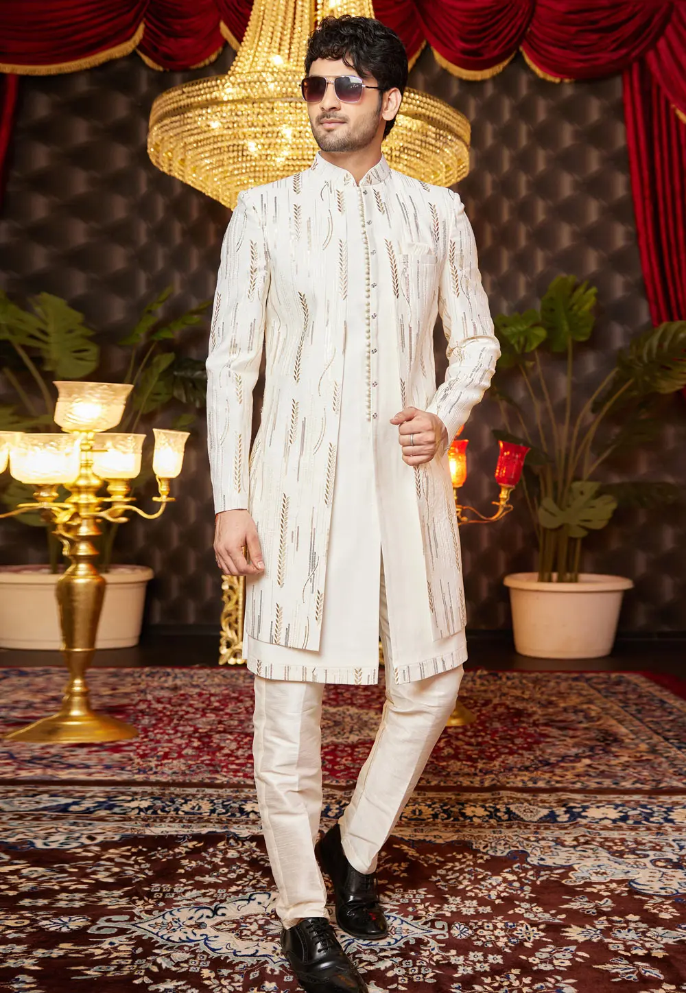 Cream Art Silk Jacket Style Sherwani 299187