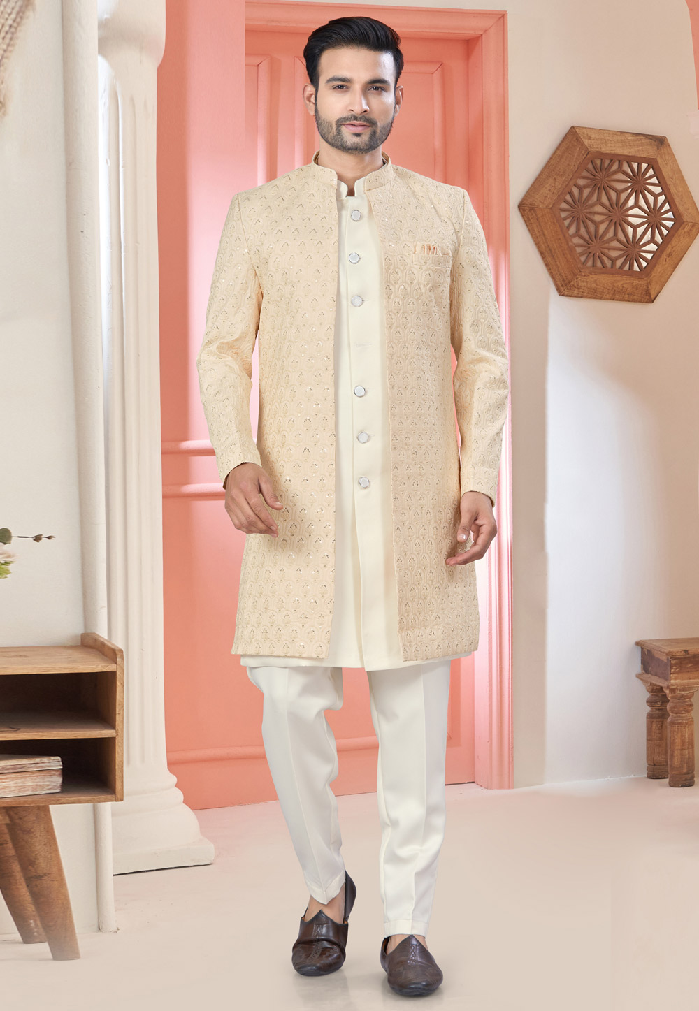 Cream Art Silk Jacket Style Sherwani 304930