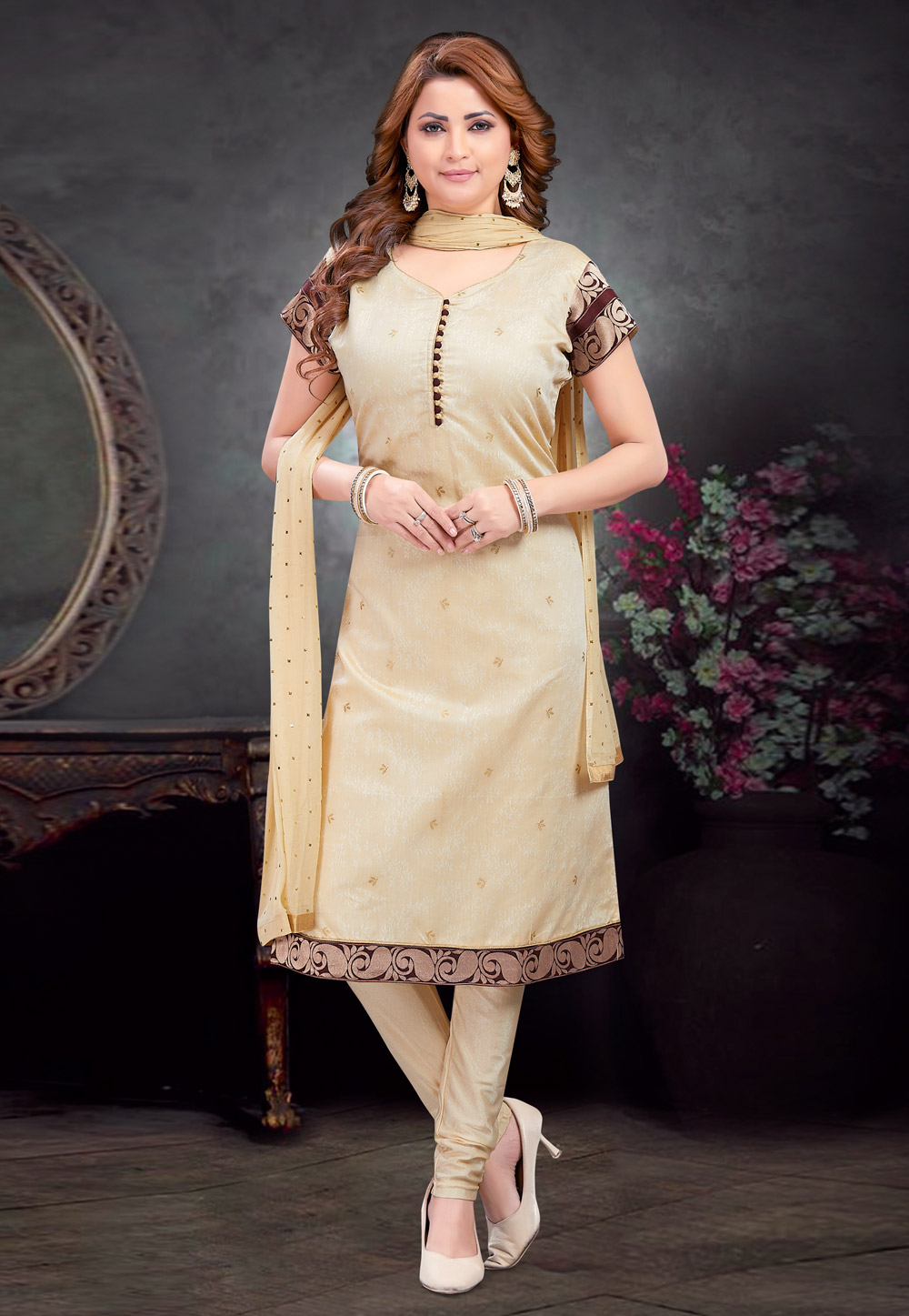 Cream Art Silk Jacquard Readymade Churidar Salwar Suit 283660