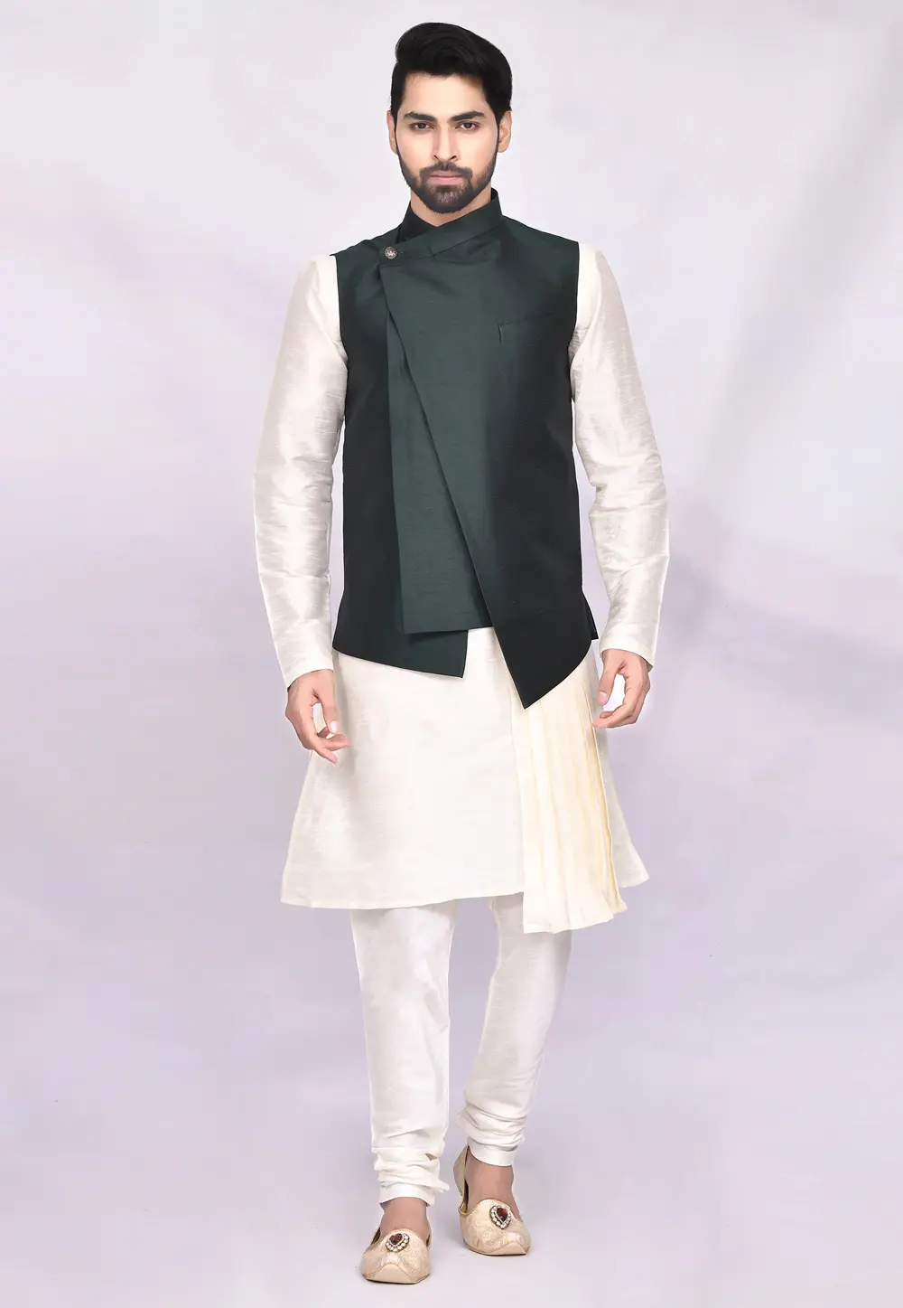 Cream Art Silk Kurta Pajama With Jacket 300028