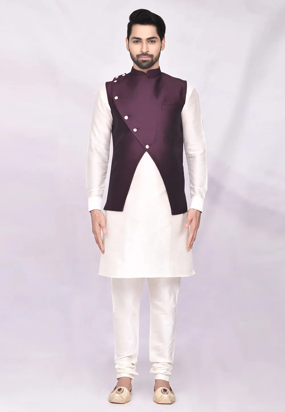 Cream Art Silk Kurta Pajama With Jacket 300029