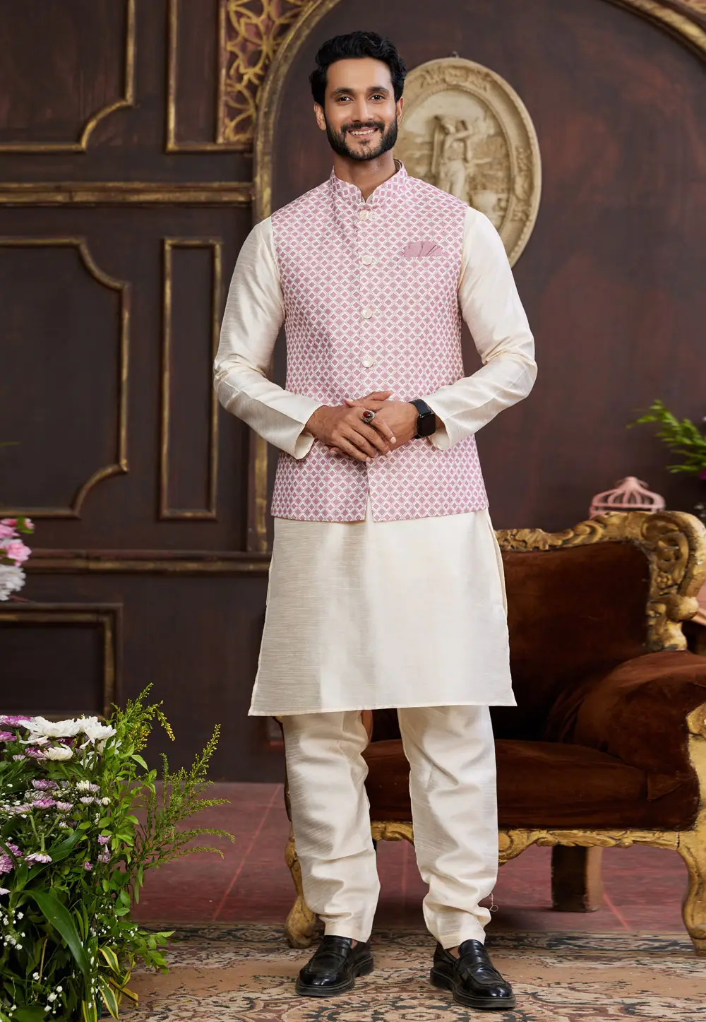 Cream Art Silk Kurta Pajama With Jacket 295232